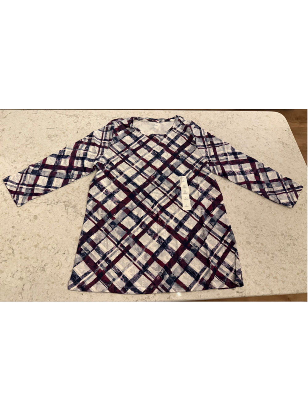 NEW Studio Works Cotton Plaid Top 3/4 Sleeve Knit Scoop Neck Small Petite